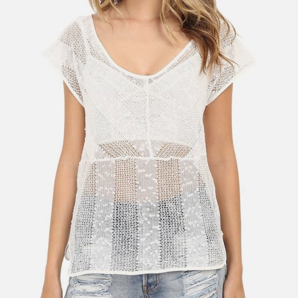 JACK Senna Top White Crochet V-Neck Pullover Swim Cover Up Boho Size Small